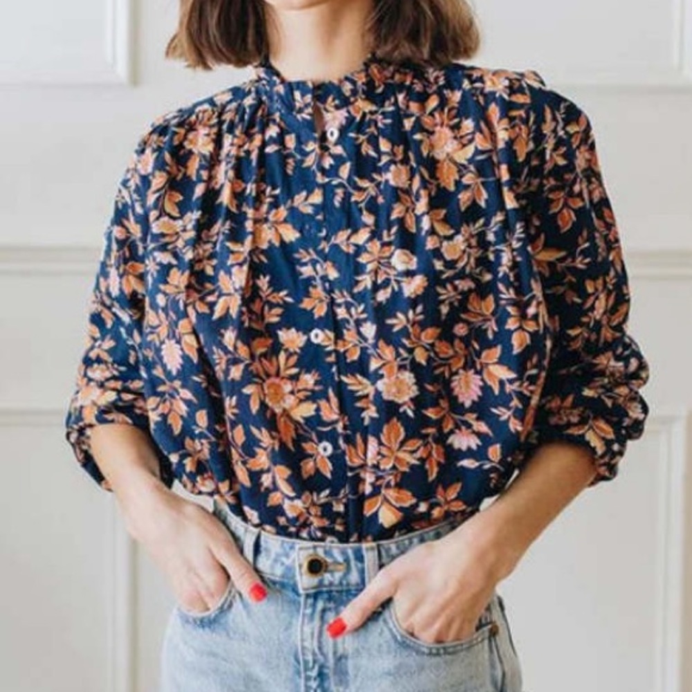 Floral Navy Button-Front Blouse